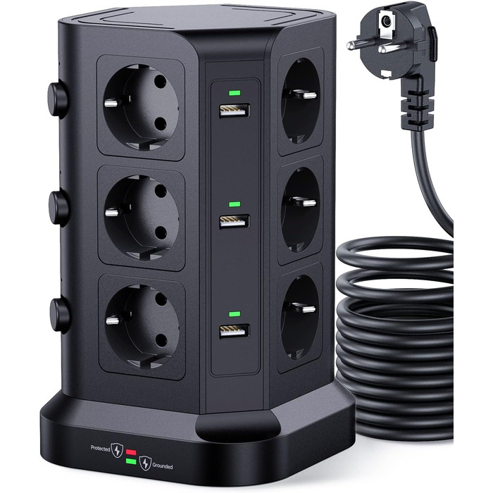 KOOSLA Тур Steckdosenturm 12 Fach з USB (6x) та захистом від перенапруги (4000W/16A) для офісу, кухні, столу, 5м, чорний