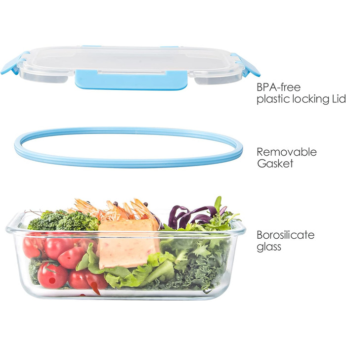 Набір з 10 скляних контейнерів для зберігання продуктів, з кришкою, BPA-Free, підходить для мікрохвильової печі, морозильника та посудомийної машини, різнокольорові