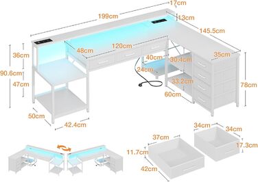 Комп'ютерний стіл Coleshome з 7 висувними ящиками та великим об'ємом зберігання, кутовий стіл з RGB LED підсвічуванням, L-подібний стіл з 2 розетками, ідеальний для офісу та геймінгу (білий, 199.5×145.5 см)