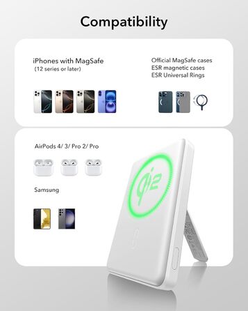 Power Bank ESR MagSafe QI2 з бездротовою магнітною зарядкою, 15W, 5000mAh, USB-C, білий (з підставкою)