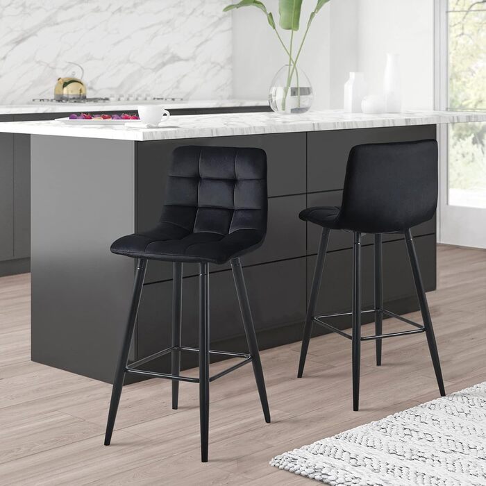 Velvet Bar Stools Set of 2 - Black Bar Chairs with Backrest, 66cm Seat Height, 50x45x94cm - Modern Counter Stools for Kitchen Island