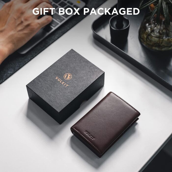 Кредитне шкіряне портмоне VULKIT RFID з відділенням для купюр, ID-віконцем та монетним відділенням, магнітний замок (Espresso)