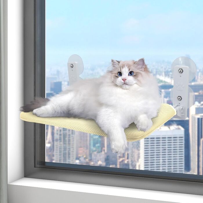 Крісло-гойдалка для котів на вікно, розкладне, з 4 присосками, міцним каркасом, дихаючим мережем (Бежевий, 45 x 30 см)