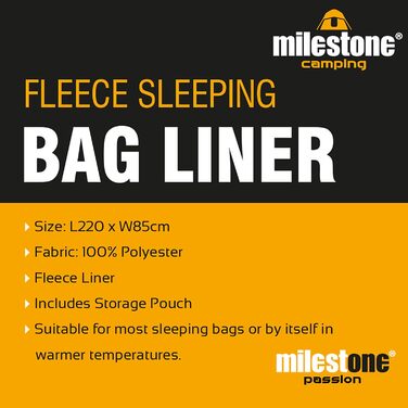Milestone Camping Men's 26020 Fleece Sleeping Bag Liner, Comfort and Warmth, Compact and Portable, Easy Care, Black, 220 x 85 cm (L x W), L220 x W85cm