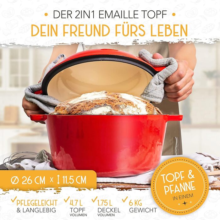 KRUSTENZAUBER Cast Iron Pot for Bread Baking [incl. Proofing Basket] - High-Quality Enamel Pot 26cm - Ideal cast iron pot for baking bread, cast iron pot for bread baking, bread baking accessories…