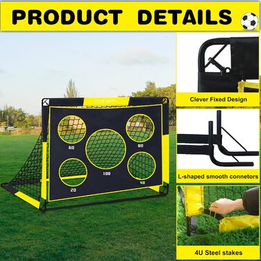 TTCB Sports 2-in-1 Kids Soccer Goal - Outdoor Football Goal with 5 Target Zones, Pop Up Soccer Goal Net & Carry Bag, Ideal for Football Training Equipment or Gifts for Boys (Yellow, 90x90x120cm)