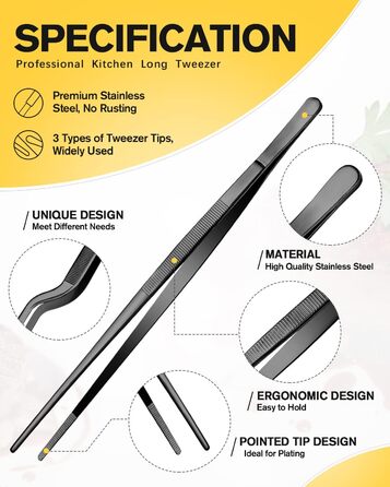 Набір кухонних пінцетів 10 дюймів, професійні, з нержавіючої сталі, чорні, для приготування, декорування та BBQ