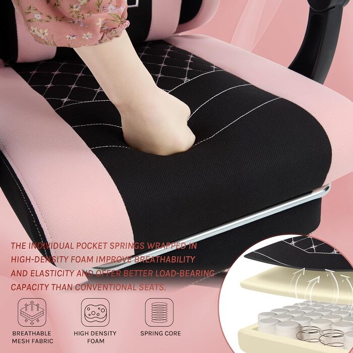 WOLTU Gaming Chair with Massage Function, Computer Chair with Pocket Spring Cushion, Ergonomic Gamer Recliner, Swivel Chair with Headrest, Lumbar Pillow, Footrest, Mesh Fabric, Black+Pink, GS15swr Black+pink Mesh Fabric
