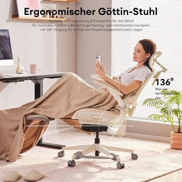 Ергономічне крісло для жінок MUSSO E80 Muse FemmePosture™ - регулювання на 135°, 3D-підтримка попереку, 17см 4D-підголівник, висувна підніжка, регулювання глибини/висоти сидіння, регульовані підлокітники (Бежевий)