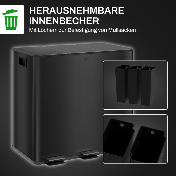 HOMCOM 3 x 15L Step Trash Can with Lid and Foot Pedal, Stainless Steel Waste Bin with Inner Bucket for Living Room & Office, 61.9 x 36.6 x 43.2 cm