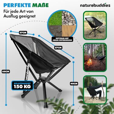 Крісло для кемпінгу Nature Buddies® Faltbar: Легке, компактне, складне (до 150 кг) | Стілець для риболовлі, відпочинку на природі, фестивалів