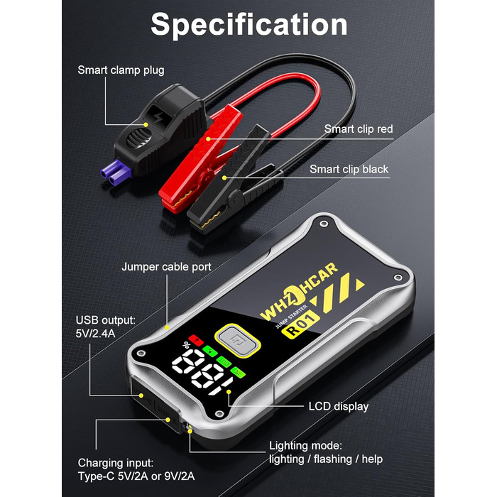 Powerbank Starthilfe 4000A: портативний пусковий пристрій для автомобіля 12V з LCD дисплеєм та LED ліхтариком. Підходить для бензинових (9.0L) та дизельних (7.5L) двигунів. Ідеально для SUV, мотоциклів та газонокосарок. Чорний колір.
