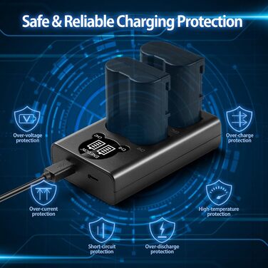 Запасний акумулятор EN-EL15 (2 шт.) та зарядний пристрій Dual LED USB для камер Nikon Z6, Z7, Z8, D7500, D7000, D7100, D7200, D500, D600, D610, D750, D780, D800, D810, D800E, D810A, D850