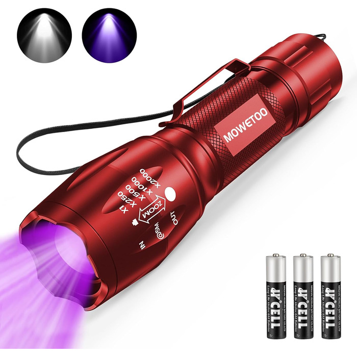 Ліхтар UV 2-в-1, 395нм, детектор фальшивих грошей та сечі тварин, 4 режими, 40W (червоний), з 3 AAA батарейками