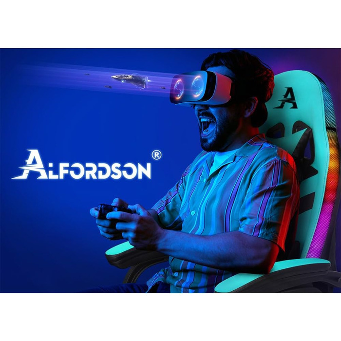 Ігровий крісло ALFORDSON з 8-точковим масажем, RGB LED-підсвічуванням (12 кольорів), ергономічний офісний крісло з підніжкою, підголівником та поперековою подушкою для дітей та дорослих, з PU-шкіри (Цянь)