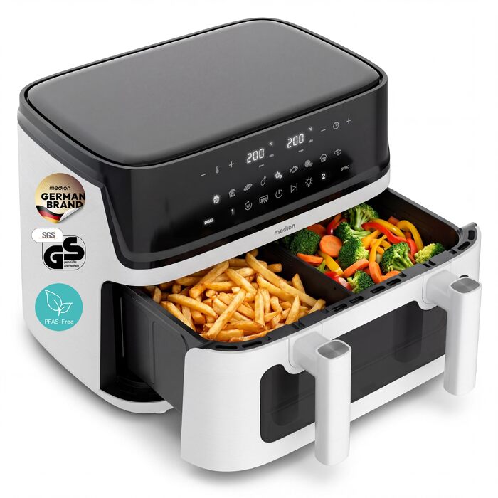 Аерофритюрниця з двома камерами MEDION P25 XXL Flex M, 10.8 л, без PFAS, біла
