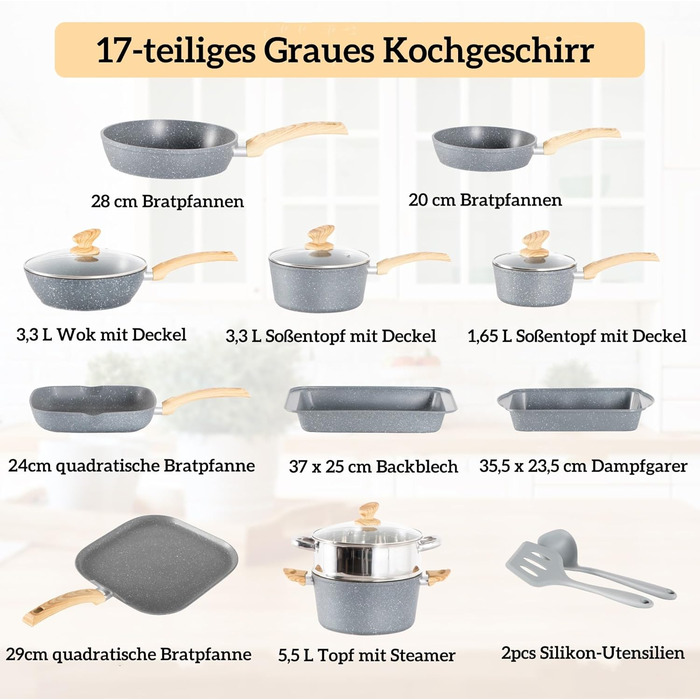 Kitchen Academy 17-Piece Induction Cookware Set with Glass Lids and Granite Coating, including Frying Pans and Pots (gray, 17 piece)