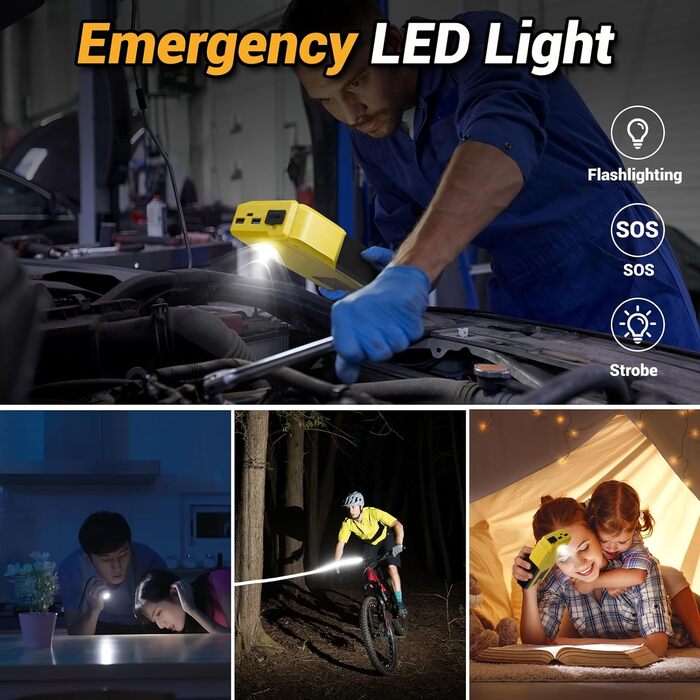 Powerbank з компресором та пусковим пристроєм 12V для автомобіля, LED-ліхтар, швидка зарядка, для двигунів до 10.0L бензину та 8.0L дизеля (Жовтий)