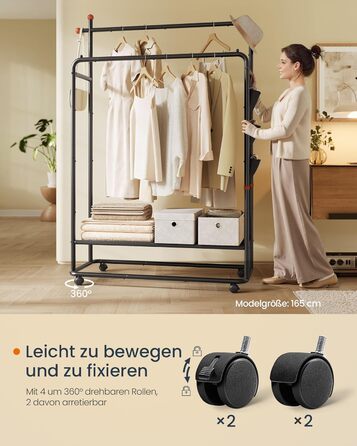 SONGMICS HOME Rolling Garment Rack, Coat Rack, 2 Clothes Rods, Shelf, Side Organizer, Match-Shaped Hooks, Stable, Bedroom, Hallway, Ink Black HSR171B01