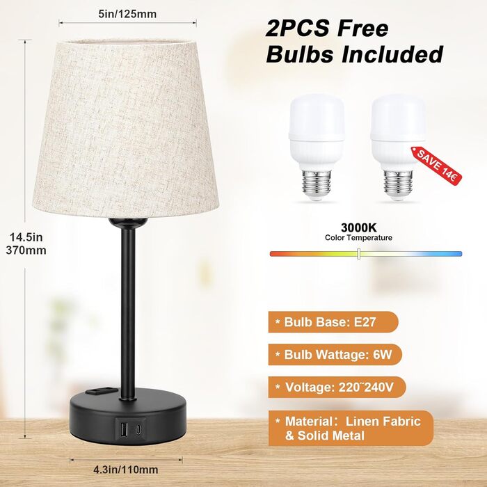 Настільна лампа Kakanuo з торшером, 2 шт., з USB-портом, диммуванням, LED, для спальні, вітальні, дитячої кімнати, офісу, бежевий лінолеум