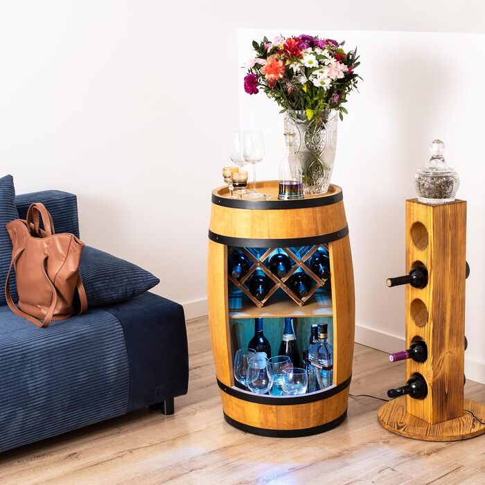 CREATIVE COOPER Fass bar LED RGB with wine holder - wine rack - wooden barrel home bar 80x50cm - rustic decor bar cabinet wine stand – wine cabinet (Light Brown)