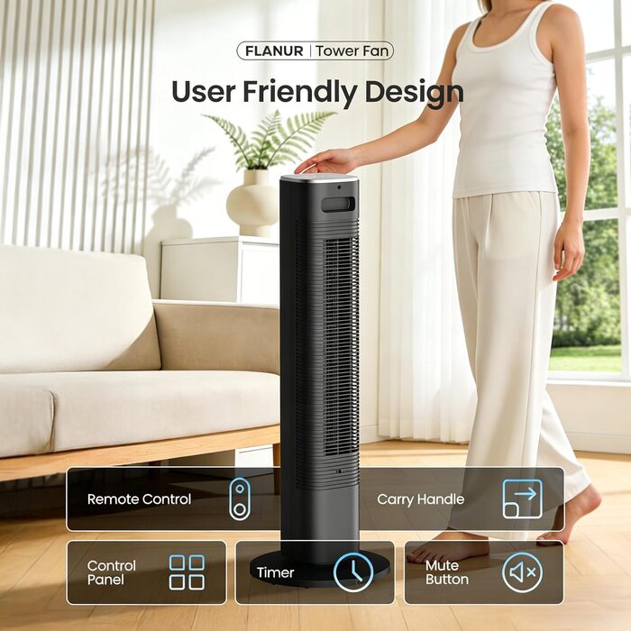 Вежа-вентилятор FLANUR WiFi Alexa 91 см: Тихий вентилятор з пультом, 4 режими, 90° осциляція, таймер 12 год, чорний