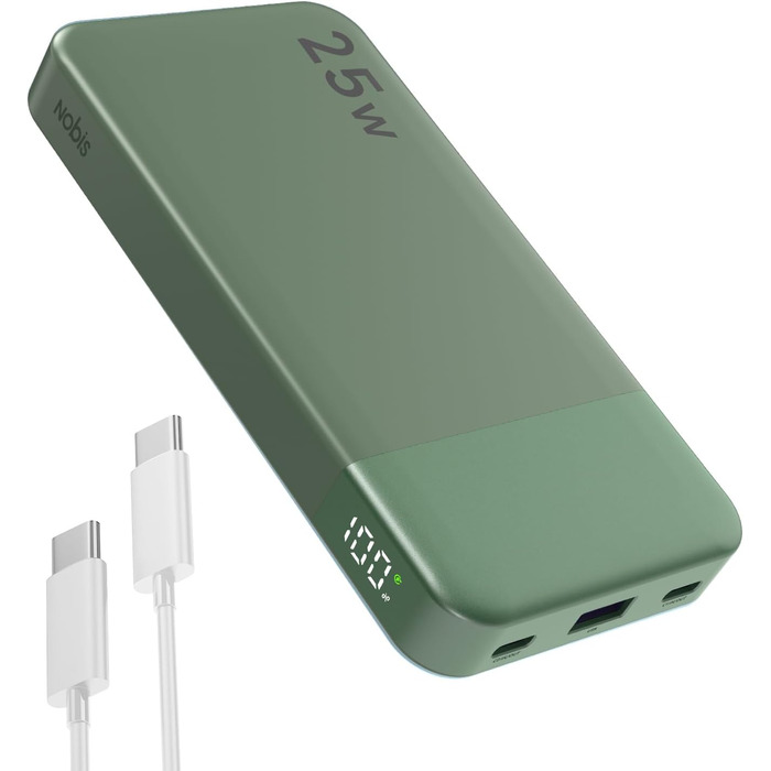 Power Bank Nobis 10000mAh 25W з USB-C кабелем, цифровою індикацією, зелений
