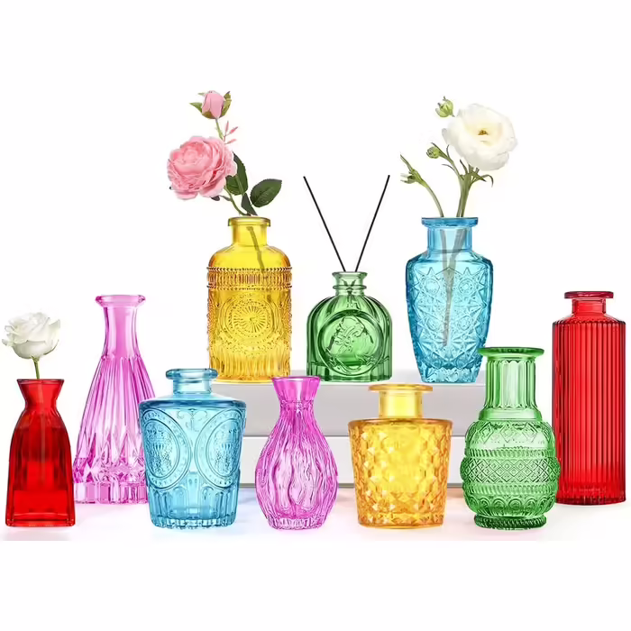 Mini Vase Set, 10pcs Small Glass Vase Vintage Decor Vase Set Various Sizes Flower Vase for Table Decorations Centerpieces, Wedding Decorations (10PCS, Colorful)