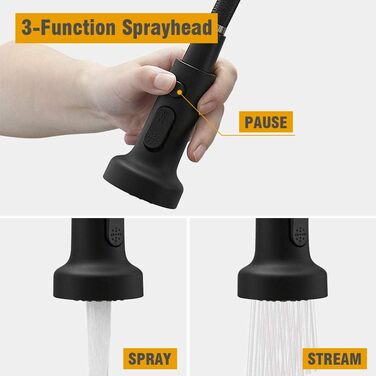 Кухонний змішувач BESy з 3 режимами струменя, висувна лійка, водоспад, поворотний на 360°, для високого тиску, з нержавіючої сталі SUS304, матовий чорний