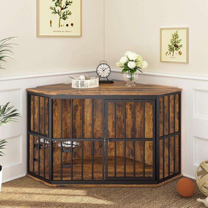 ROOMTEC Клітка для собак кутова, дерев'яна, з мискою, 106,7 см. Підходить для обмеженого простору, внутрішня переноска для тварин