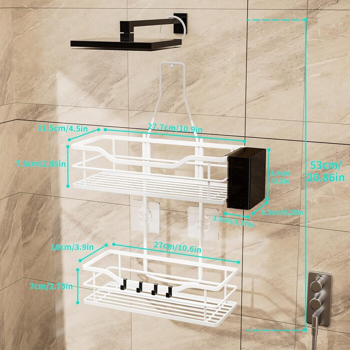 Настінна поличка для душу HapiRm з 4 гачками - органайзер для шампуню та засобів для душу, білий