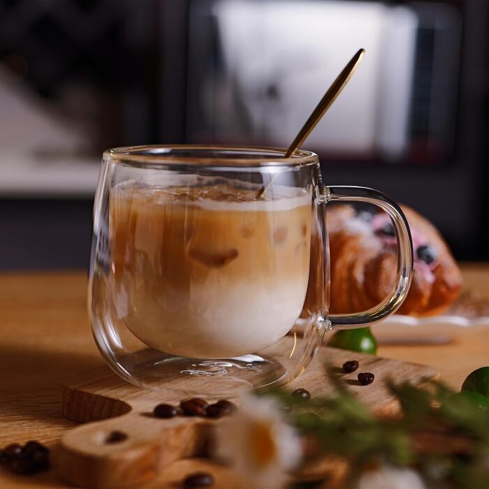 CNGLASS Набір з 2 термосклянок для кави 480мл з ручкою, 16oz, для лате макіато, капучино, молока, чаю