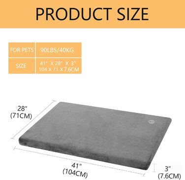 EMPSIGN Dog Bed for Large Dogs, Washable Dog Cushion, Waterproof Dog Bed XL 104x71x7.6cm, Dog Cushion Suitable for Cages, Dog Mat with Removable and Washable Cover for Large Dogs, Grey
