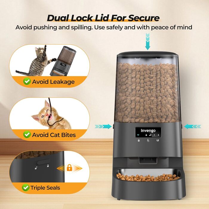 Автоматичний годівниця для котів та дрібних собак з керуванням через додаток, 5л, Wi-Fi, програмування порцій, антизастрягання, миска з нержавіючої сталі, легке очищення