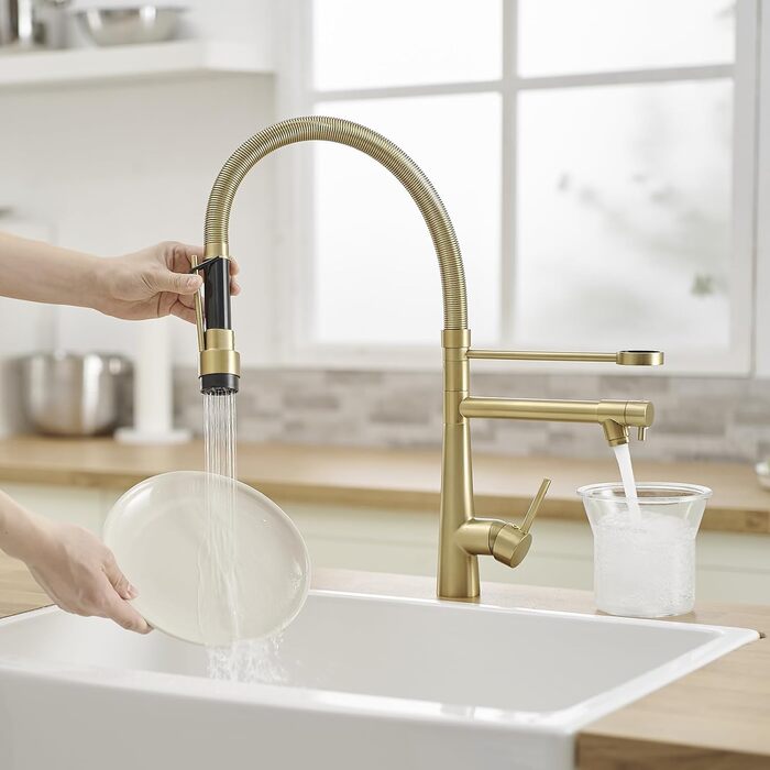 LED кухонний змішувач зі спіральною пружиною, 360° обертання, двотрубний, висувний, для кухні, з душем, високий тиск, нікель, LED, преміум якість