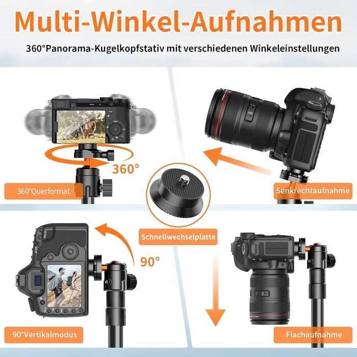 Штатив для камери XXZU 180 см, легкий, для DSLR/смартфона, з кульковою головкою 360° та 1/4-дюймовою різьбою, чорний