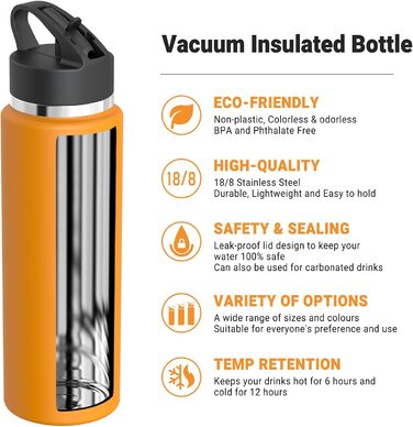 AORIN Stainless Steel Water Bottle, 500ml/750ml/1L Leak-Proof Water Bottle with Straw, BPA-Free Drinking Bottle for Kids, Vacuum Insulated Thermos for Sports, School, Fitness, Outdoor (1000 ml, Mango)