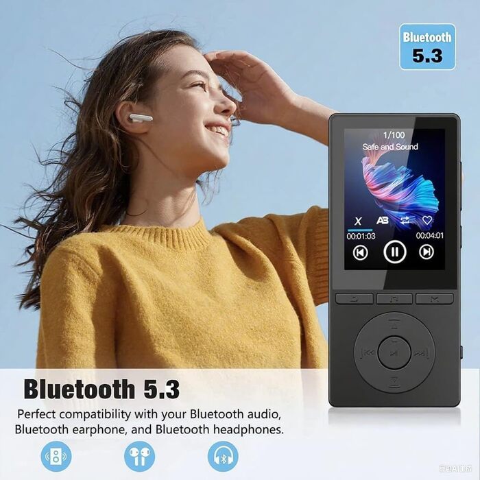 MP3 плеєр 64GB Bluetooth 5.3 з динаміком, HiFi звук, диктофон, E-book, чорний