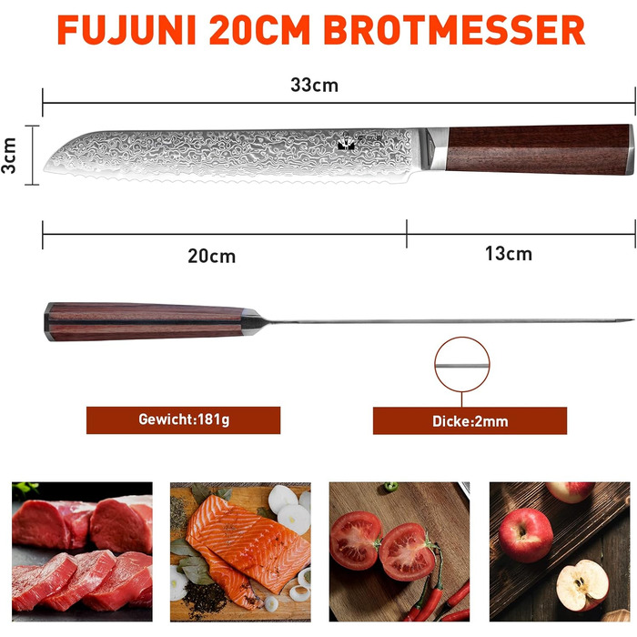 Bread Knife Wavy Edge Damascus Bread Slicing Knife with Extremely Sharp 20 cm Blade Made of 67 Layers VG-10 Damascus Steel, Wooden Handle, Gift Box