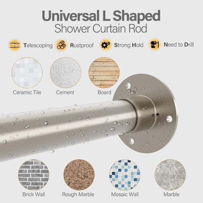 Кутова штанга для душової кабіни L-подібної форми, регульована, з 12 гачками та підставкою для стелі, срібна (99,1 см – 215,3 см)