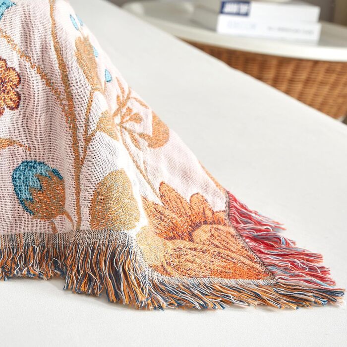 Богемна ковдра Boho з 100% бавовни, м'яка двостороння муслінова ковдра 150x200 см, плед для дивану та ліжка, декоративна patchwork ковдра, літня ковдра для вітальні, зелено-бежева (200 x 230 см, Blumentanz)