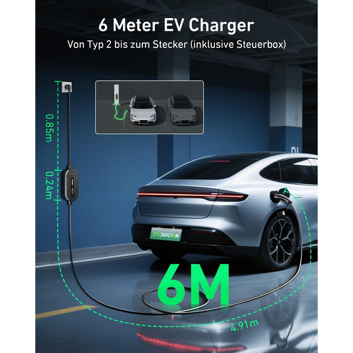 Кабель для зарядки електромобіля Evjuicion Typ 2 Schuko, 3.68kW, 6м, 16A, з індикатором, IP67, для ID.3/4, X1, 5ER, Model Y/3 та інших електромобілів