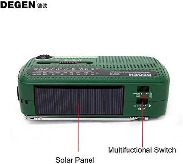 Приймач Degen DE13 FM/AM/SW з сонячною панеллю, ліхтариком, SOS-сигналом та зарядкою для телефону. Зелений