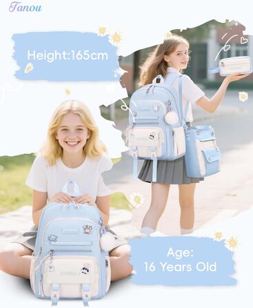 Рюкзак Tanou для дівчаток, шкільний набір: рюкзак, сумка через плече та пенал. Шкільний рюкзак для підлітків, casual, блакитний.