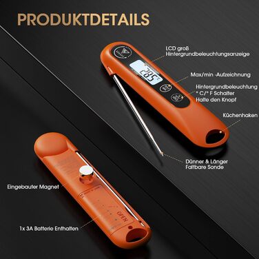 Цифровий кухонний термометр DOQAUS: для приготування, смаження та гриля. Швидкий LCD дисплей, автоматичне вмикання/вимикання.