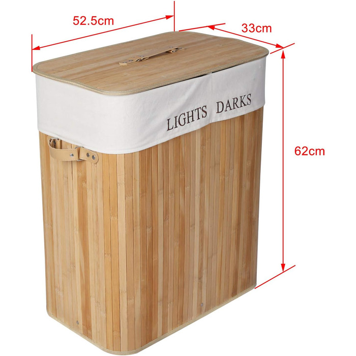 Wiltec Laundry Box 105 L Natural Laundry Basket with Lid made of Bamboo, Foldable Laundry Box with Linen Bag and 2 Compartments for Sorting Dirty Laundry