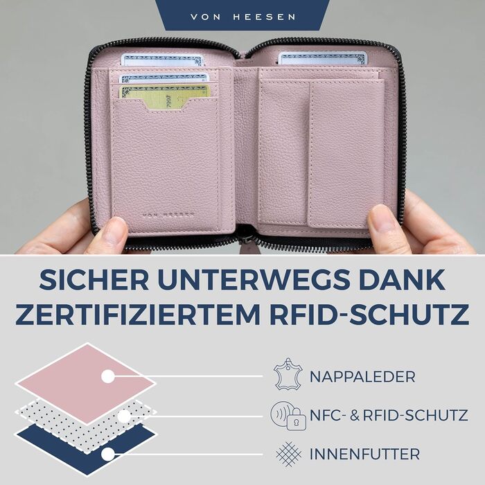 Шкіряний гаманець VON HEESEN з RFID-захистом, для чоловіків і жінок, з монетницею, лаванда