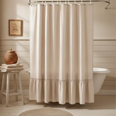 Штора для душу 180x180 см Бежева, Льняна текстура - Водонепроникна, з обтяженим краєм, 12 кілець, для ванної кімнати