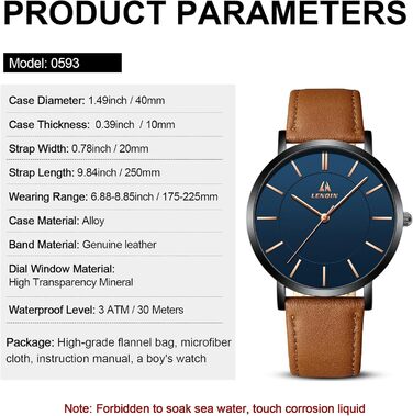 Годинник чоловічий LN LENQIN: аналоговий кварцовий годинник з шкіряним ремінцем, водостійкий 30M, стильний дизайн для чоловіків (колір: коричневий, чорний, синій)
