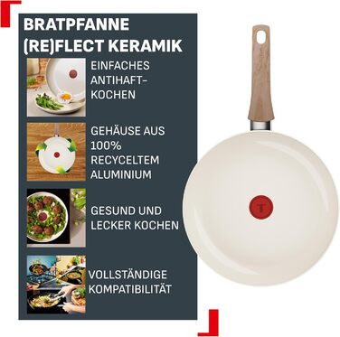 Сковорода Tefal Reflect On 28 см з керамічним антипригарним покриттям, алюміній (перероблений), індикатор нагріву, для всіх плит, кремовий колір G0220632